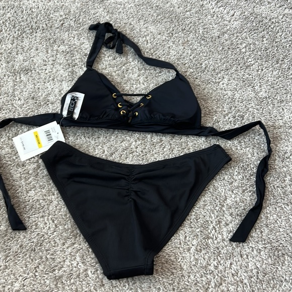 NWT $146 BECCA Medium M 8 10 Black Ribbed Sexy Bikini 2 piece swimsuit NEW Gold - Picture 13 of 16